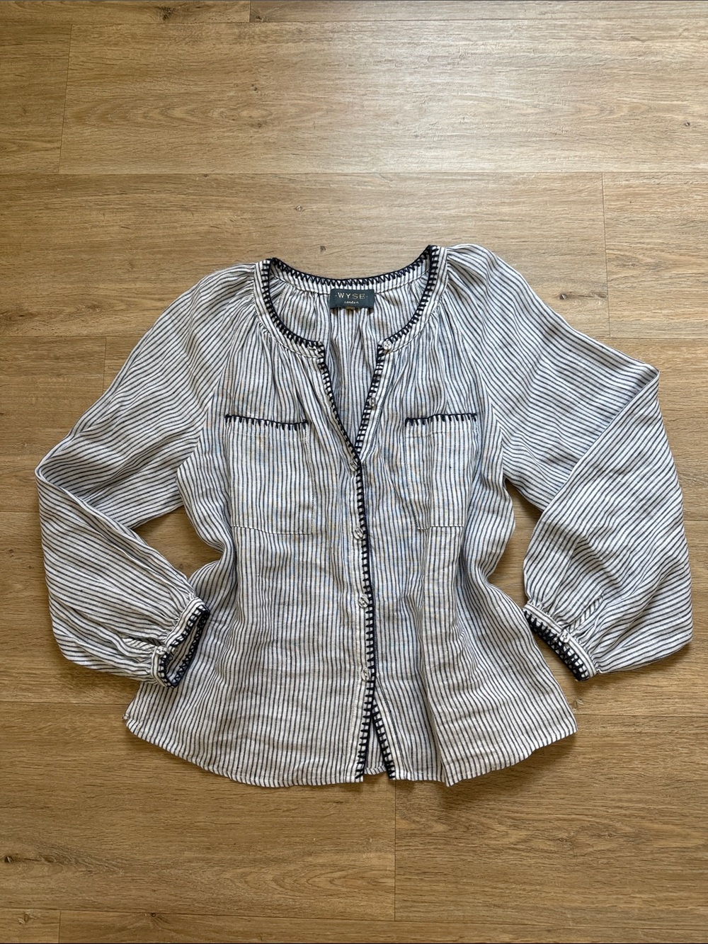 Wyse London Striped Button-Front Blouse in Navy and White 3